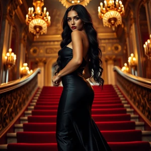 A cinematic shot of Dahlia Valentina (DahliaValentina_ai) – a fit, tall, supple, well-endowed, tanned Italian-American model with long, wavy black hair cascading down her back. She exudes elegance and confidence as she gracefully descends a grand, red-carpeted staircase in a luxurious, form-fitting black satin evening gown with a dramatic thigh-high slit. The gown clings to her curves, shimmering subtly under the warm glow of golden chandeliers. Her high cheekbones, full lips, and striking eyes captivate with an alluring, knowing expression. Her makeup is flawless, with sultry smoky eyes and a deep red lip. The scene is set in a lavish ballroom with ornate architectural details, opulent gold and marble accents, and an atmosphere of refined power and sophistication. The lighting is cinematic, casting soft, moody highlights across her figure, enhancing the dramatic composition. Every step she takes radiates confidence, as if she owns the night. The image is crisp, high-resolution, and perfectly balanced, evoking the essence of high fashion and classic Hollywood glamour.