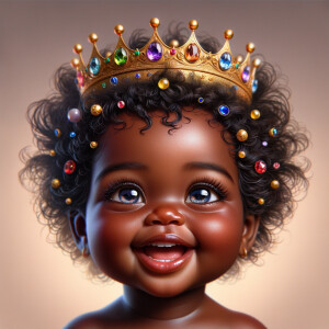 "Create a digital portrait of an adorable african-American baby girl with a joyful expression. She is wearing a gold crown with colorful jewels. Her big, bright blue eyes are wide with wonder, and her tiny mouth is shaped in a happy grin. Her skin has a warm, honey-brown tone, and she has an abundance of thick curly black hair, The background is soft and neutral to keep the focus on her delightful features. The portrait should be vibrant and heartwarming, celebrating the innocence and charm of childhood."