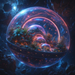 A dazzling marvel of a space habitat, aglow with iridescent hues...