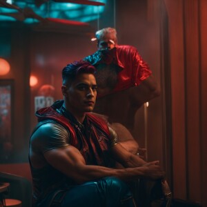 Harley Quinn perched on the right shoulder of a muscular man who...