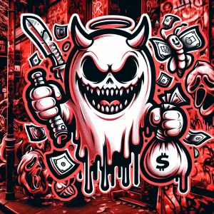 Create a bold horror themed cartoon smiley ghostface mascot logo...