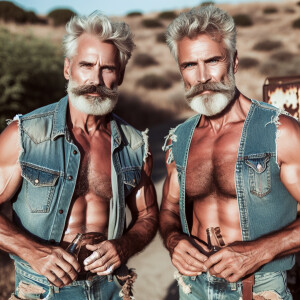 Two muscular, older men in their 60s with gray hair and beards,...