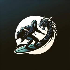 Create a logo that depicts a cloaked individual surfing atop a d...