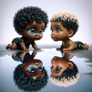 A curious cute african-American, baby with huge blue eyes and cu...