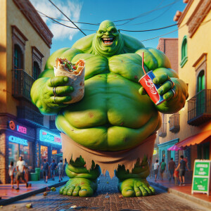 A humorous and surreal image depicting an obese, overweight hulk...