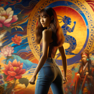 Athletic Thin skinny Attractive, Asian teenage girl, long brown hair and bangs, wearing tight skinny jeans and a halter top paint marks on her clothing, heroic pose Asian graffiti background, backside view