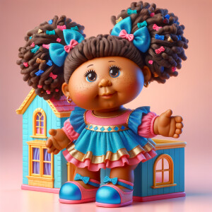 Design a 3-D realistic original African-American Cabbage Patch doll. She has on a blue pink and gold dress with matching booties. She has pink and blue bows in her hair. she lives inside of a colorful dollhouse. She has freckles and big dimples.