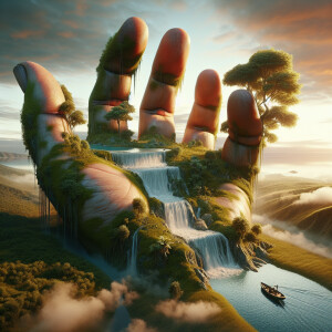 A surreal, dreamlike landscape where a giant anatomical correct...