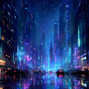 Visualize a futuristic neon-lit cityscape at night, featuring to...