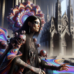Black Headed Gothic Woman with Tattoos with a Cathedral in the b...