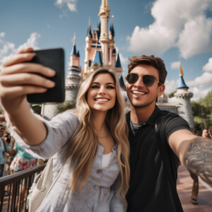 A young couple taking a selfie at Disney World in 2008.