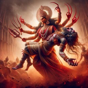 Portrait of angry and gorgeous goddess durga slaying mahishasur by carrying him in her arms and stabbing him with her red long nails. she should wear Gold jewelry all over the body. Mahishasur should have wounds all over his body. mahishasur should be smaller in size compared to Goddess durga. Background is an intense battlefield. reddish hue everywhere and sunset in the background.  Epic scene. 4k, HDR.