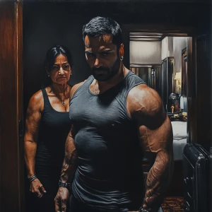 Realism,photo,a muscular, sweaty man entering a New York hotel r...