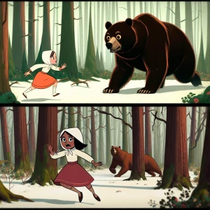 A giant bear runs into a girl. Girl run into a forest