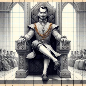 Create a digital portrait of Lord Farquaad, the antagonist from the Shrek film series, capturing his distinctive medieval attire, pompous expression, and short stature while sitting on his extravagant throne in Duloc Castle.