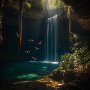 Beautiful waterfall in a cenote, light rays, god rays, deep shad...