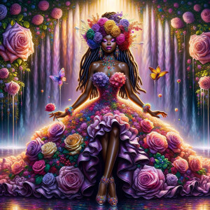 Remix Prompt
S/O Jackie Torres
S/O Panda Locke

create a animated style hyper realistic airbrush whimsical oil painting of a light African American woman wearing a flawless beautiful purple, pink, and gold blossom dress long flowing with colorful flowers and ruffles on the dress colorful jewelry made of flowers she has long black dreadlocks in a bun a colorful rose in her hair her peep toe shoes is matching her dress behind her is a beautiful waterfall liquid glowing lights beautiful colorful rainbow surrounded by beautiful roses.