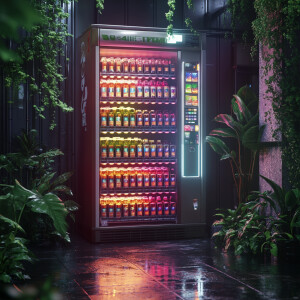 Create an ultra-realistic scene of a modern vending machine, ill...