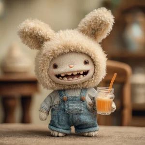 A cute vinyl plush doll wearing a fluffy beige rabbit hat with l...