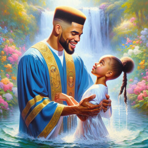 An oil painting of a light-skinned African-American pastor with...