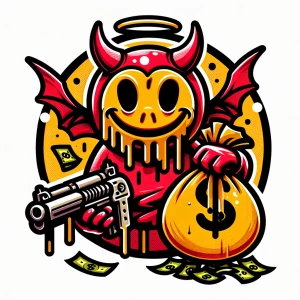 Design a cartoon-style circular logo featuring a cheeky demon we...