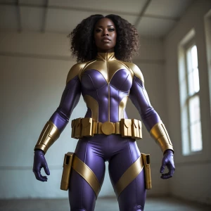 Capture a wide camera angle full body shot of a superheroine sta...