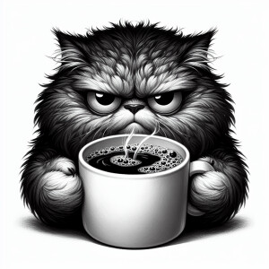 A grumpy cat holding a coffee cup