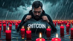 man holding a heavy bag labeled "SHITCOIN" while drowning in a s...