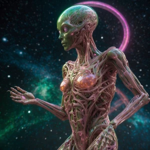 A whimsically shimmering Quasarite alien, its ethereal form radi...