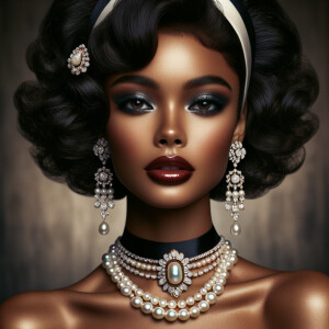 Envision a light-skinned African-American Hawaiian woman, embodying a mix of cultural elegance. Her hair is styled in glamorous, voluminous curls that frame her face, with a chic white and black headband accented by a luxurious pearl and diamond brooch. Her makeup is classic and sophisticated, with a smoky eye and deep red lipstick that complements her complexion. Adorning her neck are strands of pearls, adding to her opulence, and her ears feature large, chandelier earrings with pearls and diamonds that glisten. She carries the grace of Hawaiian charm, with her head slightly tilted in a dignified pose, her eyes full of depth and history. The background is a rich, dark shade that contrasts with her radiant skin.