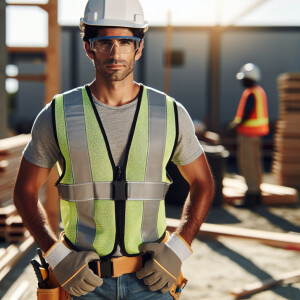 A work site featuring a Hispanic male wearing all his safety PPE...