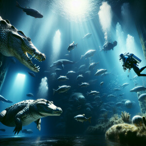 Scuba divers in the Nile, crocodiles and hippopotamus are also i...