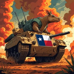 Action-packed illustration of a heavily armored armadillo with g...