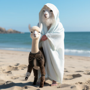 A white kitten with black eyes wearing a white Arabic Islamic ro...