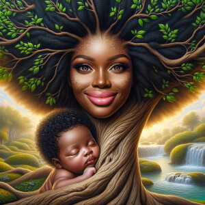 Create a close-up, hyper-realistic 3-D oil painting of a tree wi...