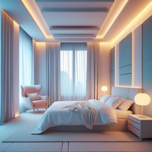 Design a tranquil and spacious dream bedroom featuring a king-si...