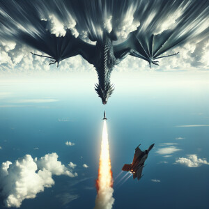 Dragon falling from the sky, upside down, missile headed towards...