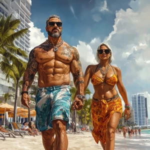 A muscular tattoed criminal walking with his 50 years old attrac...