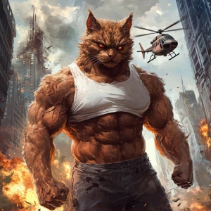 Create an image of a muscular humanoid cat character, featuring...