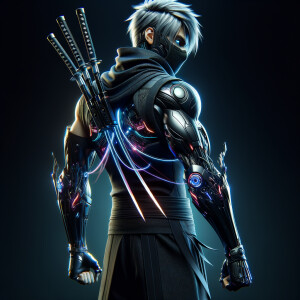 Full body, turn side way, standing pose, Male ninja assassin, Futuristic Sando sleeveless cyber-enhanced outfits with neon accents, hidden knifes, blades on the back, metallic claws, white hair, dark aura, flowing energy, fantasy styles soft glow, soft diffuse, sharp focus, depth of field, photorealistic, Ultra HD Photos