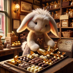bunny at the chocolate shop working passionately