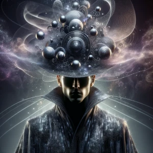 "Envision a hyper-realistic, surreal portrait of an enigmatic ma...