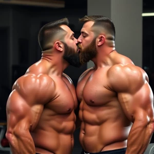 Two bodybuilders men kissing each other both with beards