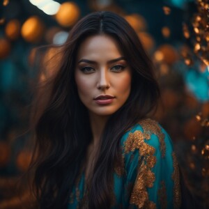 Fair-skinned woman with dark long hair, elegant and composed, wi...