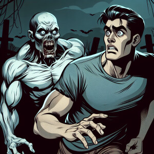 A zombie chasing after a handsome, athletic man.