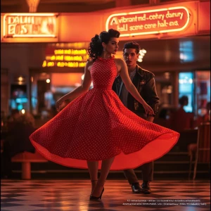 “A vibrant mid-century dance hall scene captured with a Canon EOS R5 and a 50mm f/1.2 lens. the image is focused on Dahlia Valentina fit tall supple well endowed tanned Italian American model (DahliaValentina_ai) stands in the center of a 1950s rockabilly dance, spinning in a bright red polka-dot dress with a fitted bodice and a flared skirt that lifts as she twirls. Her long wavy black hair is tied up with a matching headscarf, and she wears classic cat-eye eyeliner with a bold red lip. She dances with a charming partner dressed in a leather jacket and cuffed jeans, both caught mid-motion in a lively jitterbug step. The neon signs glow behind them, casting warm reflections on the checkered dance floor. The energy of the crowd, jukebox music, and the flickering of retro diner lights add to the nostalgic atmosphere. The composition follows dynamic angles, emphasizing movement and vintage allure.”