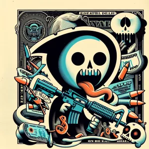 I see an image that features a highly stylized and graphic desig...