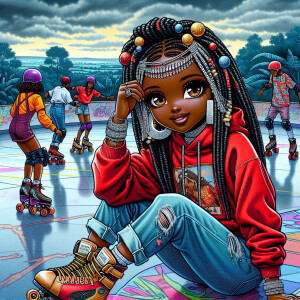 Ink wash: Skating Rink landscape, An African American thick Chib...