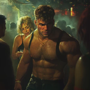 realism,a muscular beefy sweaty man,walking entering  in a night...