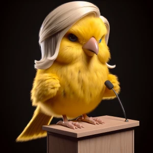3d art : a canary, yellow fur, sinister expression,  blonde hair...